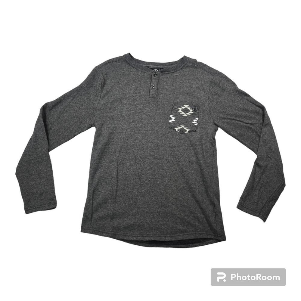 Volcom Men Medium Long Sleeve Gray Henley Graphic Pocket Surf Skate Southwestern